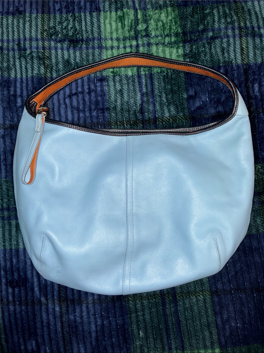 Coach Light Blue Leather Shoulder Bag with Orange Strap Trim